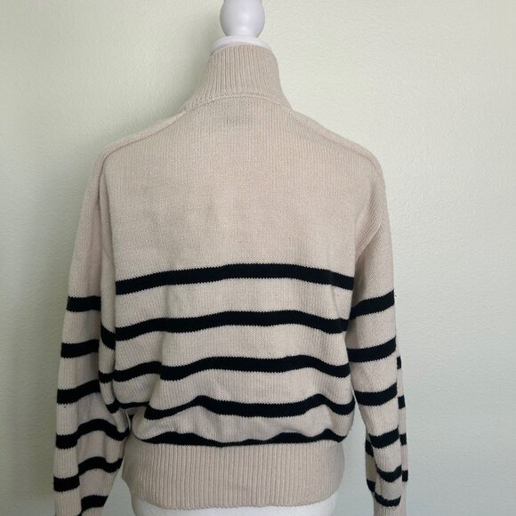 Elie Tahari Sweater Cream Navy Striped 1/4 Zip Pullover Coastal Preppy Size M - Picture 2 of 8